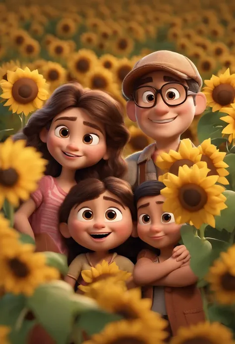 Create a Disney PIXAR-style 3D poster. ((Twin image center)), as meninas tem 7 anos, ((3 children)) ((1 menino no meio e 2 meninas ao lado, Theyre hugging each other, O menino tem 1 ano pele castanha e cabelos castanhos escuros e olhos castanhos escuros, 1...