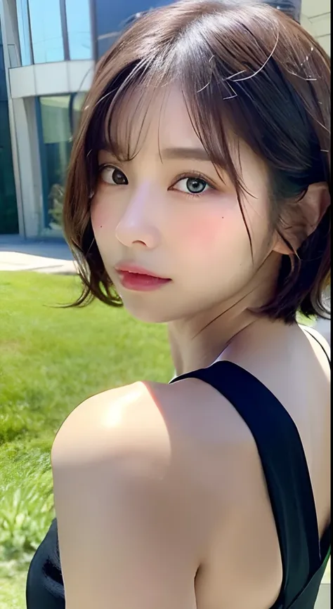 Female、bustshot、Short Hair Outdoor Fair Skin Disheveled Hair Super Cute、Soft and face、Brown hair、8K分辨率、A hyper-realistic、ultra-definition、 Soft body toned ass night、A cup small breasts（（Highest Definition、8k、​masterpiece：1.3））、Ultra-fine face、Ultra Fine Li...