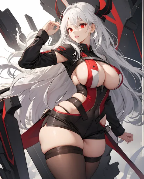 Big , wide hips, cute, white hair, red eyes, thick thighs, side boob