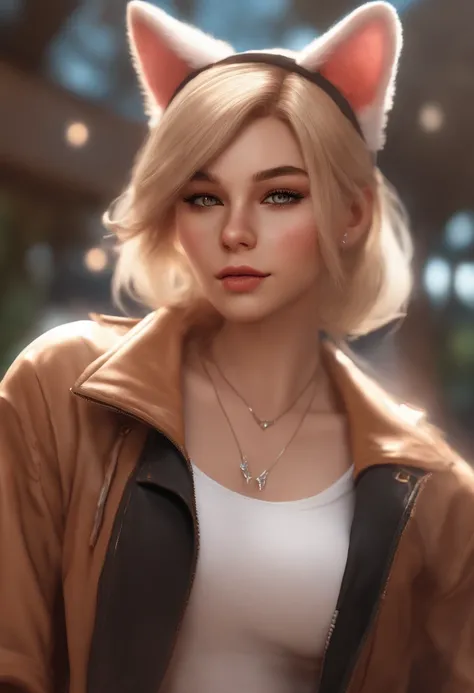 1girl, blond hair,  cat_ears, animal_ears, solo, dark_skin, tan_skin,  summer jacket, sakura falling, portrait style, looking_at_viewer, cinematic lighting,  eyeliner, makeup, emotional,  highly detailed, wide shot, sharp focus,    ring light, rim lighting...