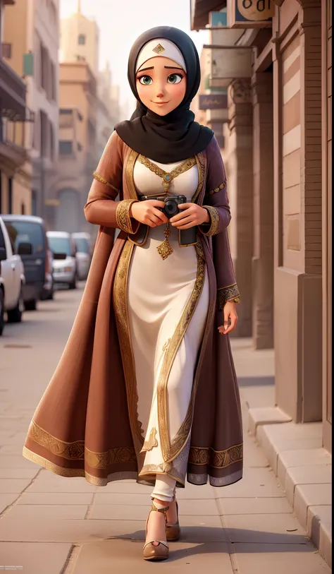 Master professional photography, beautiful woman in hijab and burqa and accessories, extreme textures and details, full body portrait shot, bohemian city landmarks background, 64K