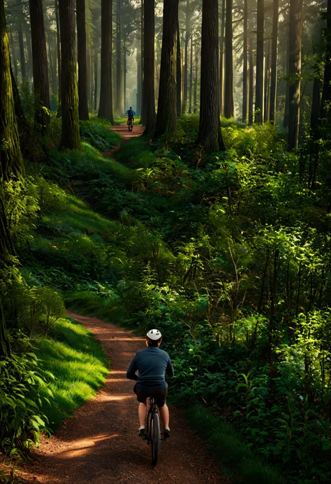 pixar style, elon musk, riding a bicycle, in the woods, beautiful path and trees