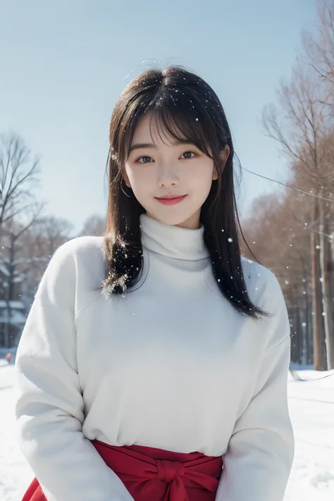 ​masterpiece、8K、32K、top-quality、(A cute Japanese woman:1.1)、detail portrayal、1 girl in、elegent、bangss、(snow board:1.2)、(Winters)、a ski、cowboy  shot、ssmile、tits out、zoomout