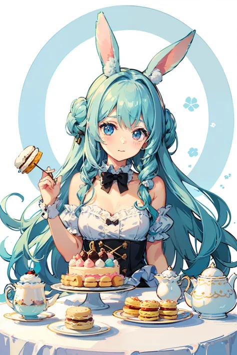 (Cute illustration:1.5), Cute girl with rabbit ears, brawn hair , Fluffy white rabbit、tea parties、a cake、 macaroons、donut、cookies、black tea、cute little、Cute 、Dolce、Blue pastel color outfit、fluffly、Dolce、Pale shades