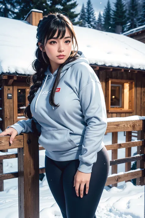 Beautiful sensual woman with a curvy body, long hair, bangs, french braid, widest waist, fitting breasts, curvy accentuated booty, sparkling eyes, long eyelashes, thick thighs, Strong calves, shy Look, taniaayusiregar, She wears a dark blue hoodie, legging...