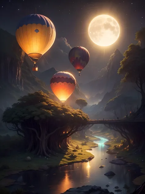 (Best quality,4K,8K,A high resolution,Masterpiece:1.2),Fantasy world, natta, Some colorful hot air balloons in the sky, Comet with a spatial view, galaxias, Bright moon, The ground is jungle, There are wooden houses with lights on，The clear river runs thro...