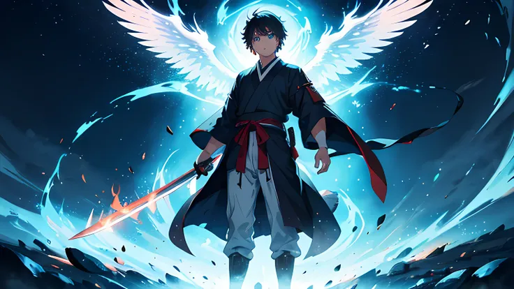 a young boy, wearing japanese school uniform. he is a righteous swordsman who fight demon. holding a sword with flame coming out from his sword. the background is in highschool at night. A semi-transparent phoenix is flying on his body. stood in front of a...