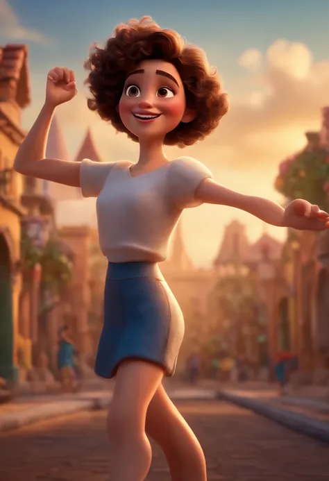 Pixar style image with 3D character white glasses brunette woman short curly hair dancing, Maquiagem Disney,Pescador, bonitinho, sorridente ,Close-up, Pixar, Disney, Cinema lighting,