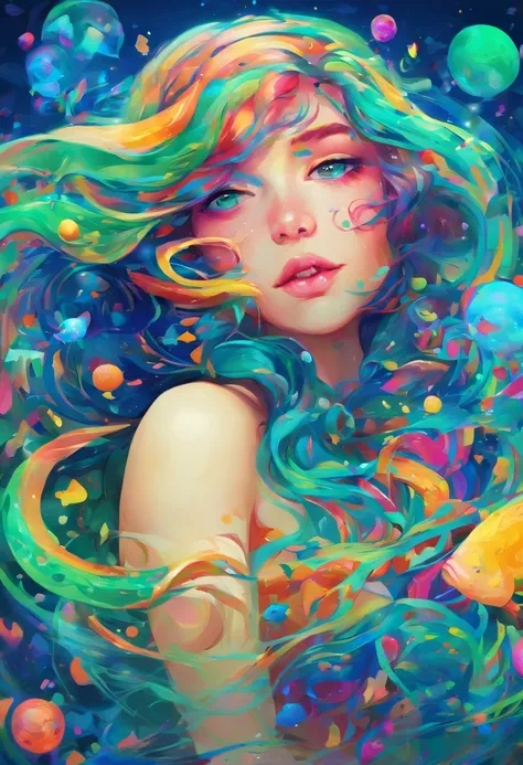 ((top-quality, 8K)), (Realistic), (Face focus: 1.1), (Blue and green: 1.3), kawaii girl, with long coiled hair, multicolour, Colorful, Hair fluttering in the wind, , 4/3. Side smile，Big eyes, Skirt, d-cup breasts, Countless soap bubbles,gold fish