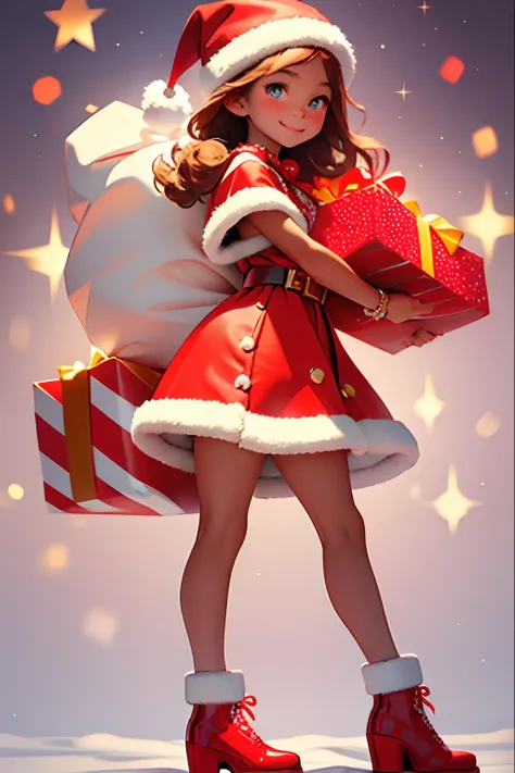 Santa Claus happily carrying presents、Cute Girl Santa、Stars in the eyes(kirakira)、eyes up、laught、The red shoes are cute、The ultra-detailliert、radiant light、bio luminescent、Strong bokeh