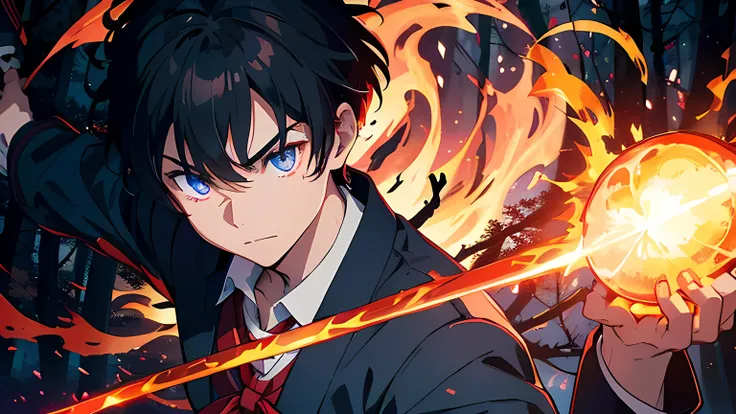 a highschool boy wearing japanese school uniform. holding a sword with a red flame coming out from his sword. the background is in the forest. stood in the middle of huge glowing flame and lightning. he has a demonic aura on his body. Masterpiece, high-res...