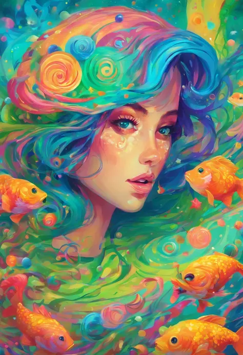 ((top-quality, 8K)), (Realistic), (Face focus: 1.1), (Blue and green: 1.3), kawaii girl, with long coiled hair, multicolour, Colorful, Hair fluttering in the wind, , Smile head-on，Big eyes, Skirt, d-cup breasts, Countless soap bubbles,gold fish