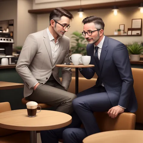 Two men in their 40s talking over coffee in a coffee shop, both in suits, one in glasses, sitting