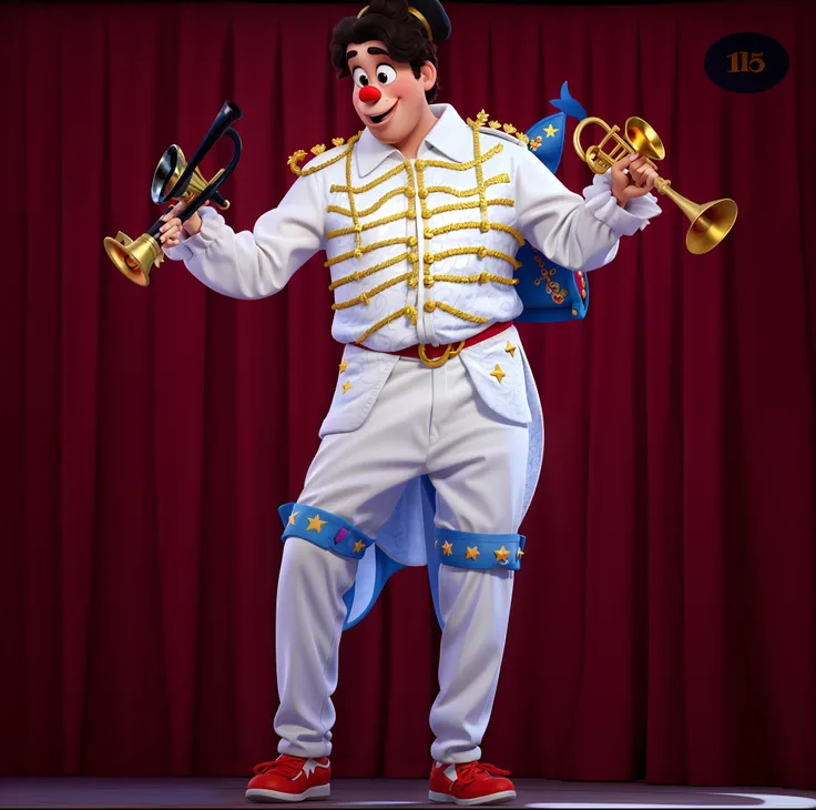 Disney Pixar-style clown in white costume with two trumpets in hand, uma peruca meio arrepiada,