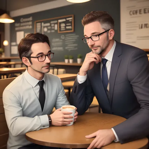 Two men in their 40s talking over coffee in a coffee shop, both in suits, one with glasses, sitting face to face at a wide table