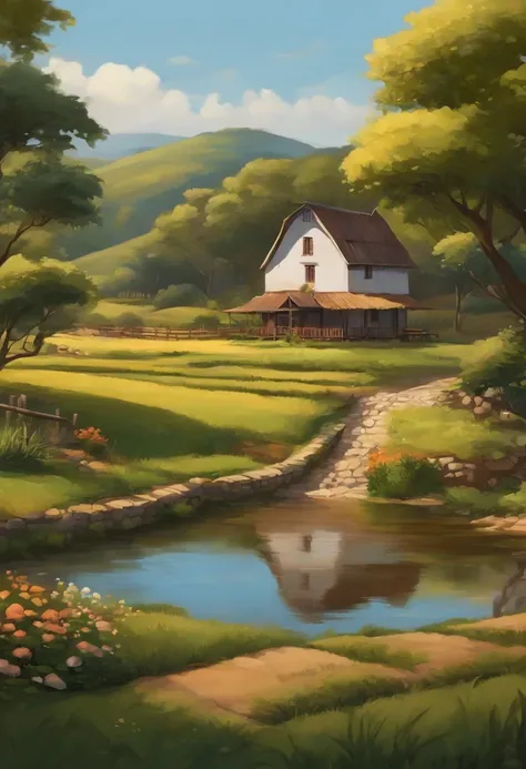 Com a fazenda americana como pano de fundo, criador de pintura digital Dai Jin&#39;s illustrations depict an anime-style countryside with pure colors and rich details, which is very beautiful and full of artistic sense. The details of the house and pond in...