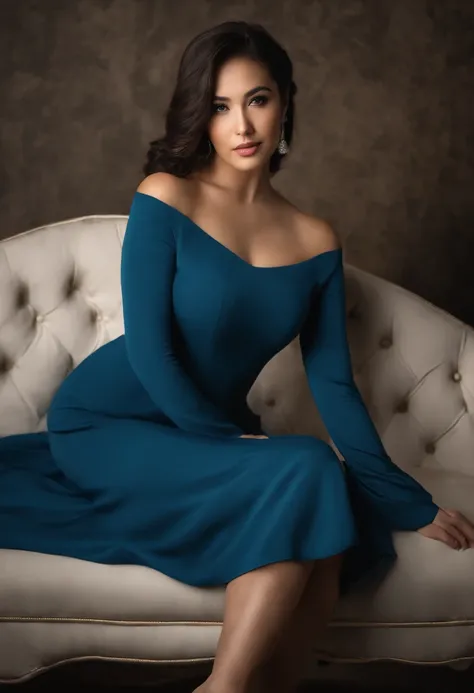 Arafed woman in a blue dress sitting on a sofa, 18 years old, hermosa novia, ayahausca, poco caliente, 21-year-old, seductora pose sentada, pose casual, 1 6 years, 2 4 year old female model, Asian girl, vestido corto, Angelawhite, Sentado en una cama, sedu...