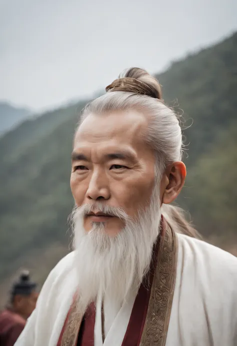 Close-up of an old man with a long beard and a white beard, Taoist,There is a bun on the top of the head，Use mahogany hairpins，Monk customs，full bodyesbian，inspired by Wu Daozi, monk portrait, Taoist master, portrait photo of an old man, Inspired by Hu Zao...