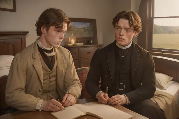 year: 1858. Location: Rock Island, Illinois. Pre-Raphaelite (((15-year-old George MacKay))), crying in his bedroom, heartbreak, (((40-year-old Richard Madden))), ((((rural Clothing from the 1850s)))) ((Hairstyle of the 1850s)), ((("OMITB" cinematography)))