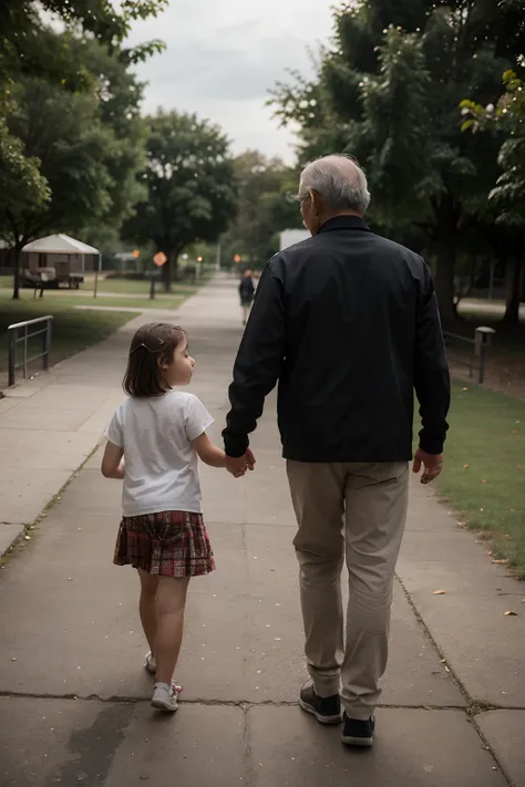 grandfather and small granddaughter walking holding hands view from behind