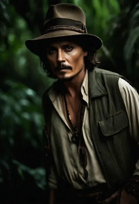 Masterpiece, Johnny Depp walks through the jungle at night (Night in the fireflies), (High detail:1 1), Rough face, Natural skin, High quality, NSFW, Beautiful eyes, (Detailed face and eyes), (face: 1 2), noise, Realphotos, Lamp film photography, Sharp foc...