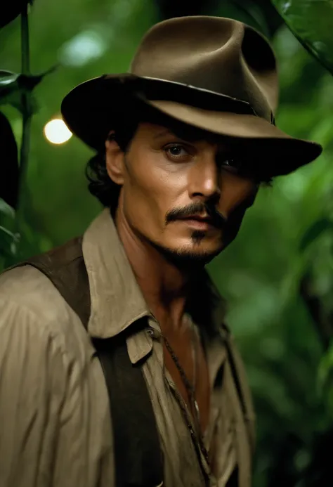 Masterpiece, Johnny Depp walks through the jungle at night (Night in the fireflies), (High detail:1 1), Rough face, Natural skin, High quality, NSFW, Beautiful eyes, (Detailed face and eyes), (face: 1 2), noise, Realphotos, Lamp film photography, Sharp foc...