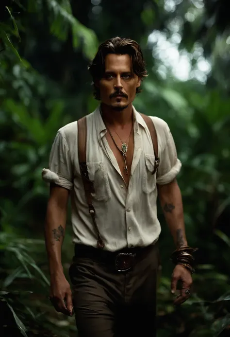 Masterpiece, Johnny Depp walks through the jungle at night (Night in the fireflies), (High detail:1 1), Rough face, Natural skin, High quality, NSFW, Beautiful eyes, (Detailed face and eyes), (face: 1 2), noise, Realphotos, Lamp film photography, Sharp foc...