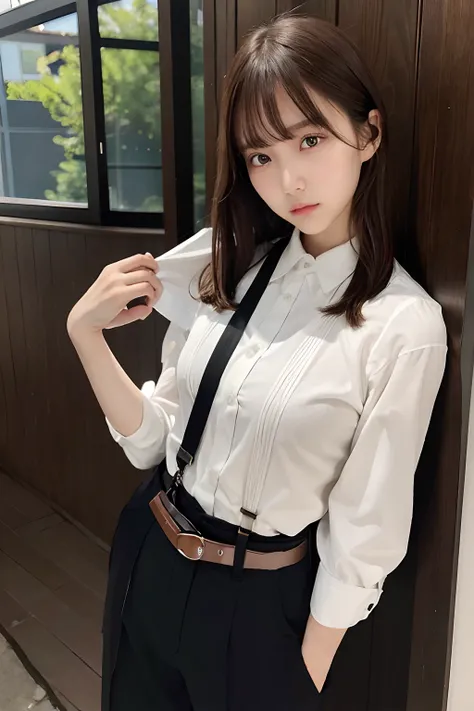 ​masterpiece、flat-colors、depth of fields、lens flare 1 girl、、Brown hair、watching at viewers　　　　a belt　black suspenders　　　huge-breasted　　　 　 Armpit sweat　perspiring　Side of both hands　　walls: 　Black pants, Black jacket holster　arm　Leg holster　　　arma　Gaze　　　S...