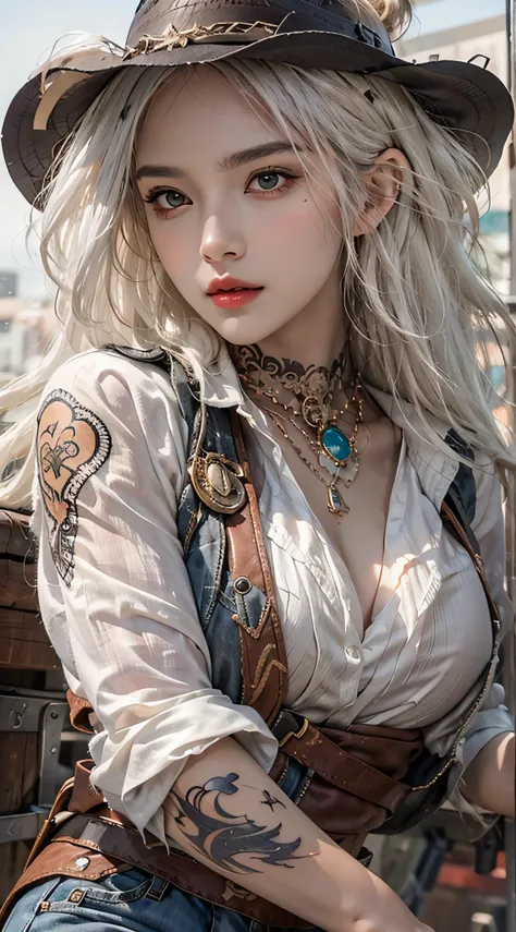 Photorealistic, high resolution, 1womanl, Solo, Hips up, view the viewer, (Detailed face), White hair, cowboy, Gun, jewelry, tattoo