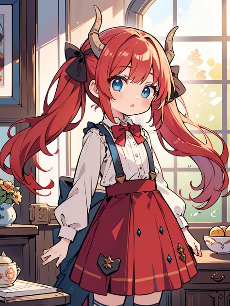 {{best quality}}, {{masterpiece}}, {{ultra-detailed}}, {illustration}, {detailed light}, red hair,blue eyes,twintails,lolita,Suspenders skirt,Fantastic,loli,solo,Dragon horns,little girl,long hair