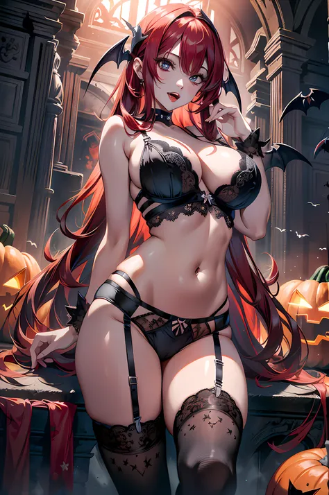 absurd, 8K, high resolution, ultra detailed, beautiful, masterpiece, best quality, very pretty woman, vampire, blood, sharp fangs, halloween, young, very pretty woman, sexy, (black lingerie:1.3), red hair, (long hair :1.5), sexy, detailed womans face, very...