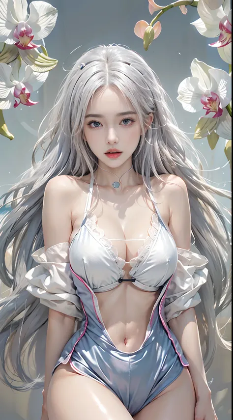 Photorealistic, high resolution, 1womanl, Solo, hips up high, view the viewer, (Detailed face), White hair, Long hair, Maid clothes, jewelry、Blue eyes、whaite hair、silber hair、((Beautiful breasts :1.1)), ((((, No bra)))), (Exposed breasts）0p、mix４, (Best Ill...