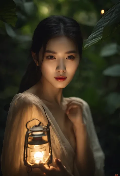 Masterpiece, Yi Yang Qianxi walked through the jungle at night (Night in the fireflies), (High detail:1 1), Smooth face, Natural skin, High quality, NSFW, Beautiful eyes, (Detailed face and eyes), (face: 1 2), noise, Realphotos, Lamp film photography, Shar...