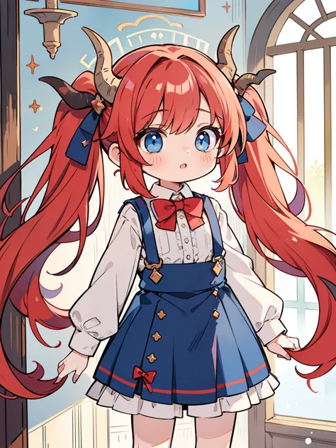 {{best quality}}, {{masterpiece}}, {{ultra-detailed}}, {illustration}, {detailed light}, red hair,blue eyes,twintails,lolita,Suspenders skirt,Fantastic,loli,solo,Dragon horns,little girl,long hair