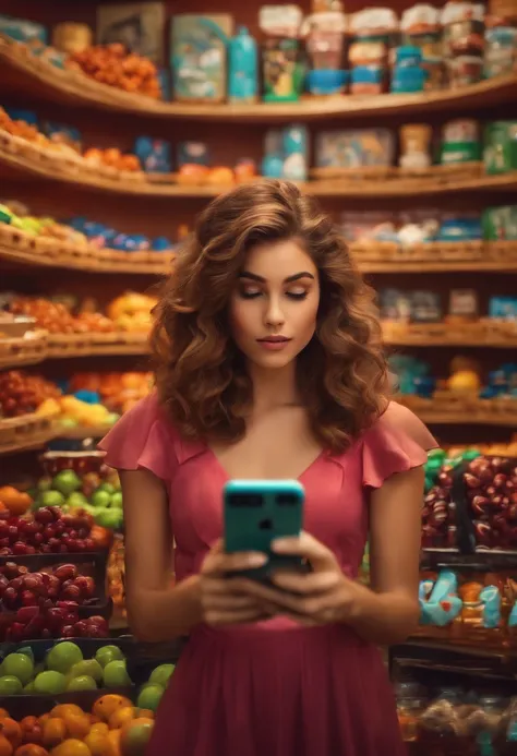 Image of a girl for a story in a YouTube video in Pixar format, cabelo longo e loiro, oferecendo a compra de iPhones