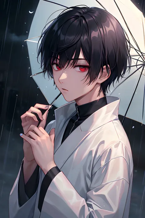 a moon, Best Quality, More details, Mastery, 1boy, kaneki ken, Portrait, Male Focus, Red Eyes, Solo, Bangs, Looking at Viewer, hoods, Short hair, Rain, Tokyo Tokyo (city), nail polish, Black hair, Luxury, 8K, detail, Ray tracing, depth of fields, Movie Lig...