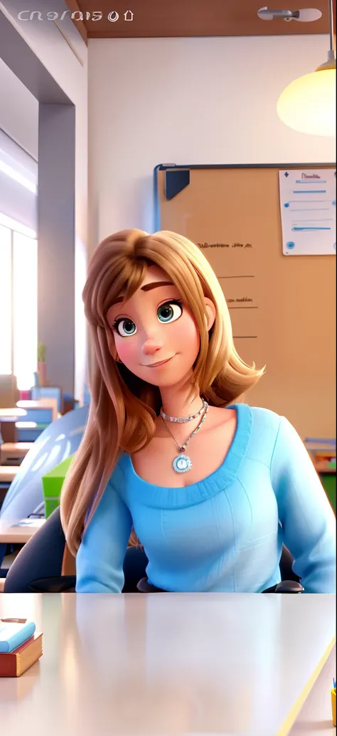 Criar imagem estilo Disney Pixar. The image is of a decorator with chin-length dark blond hair. Shes in a room with an office desk and white Formica school desks. Theres a whiteboard with the word Talent on Portuguese.