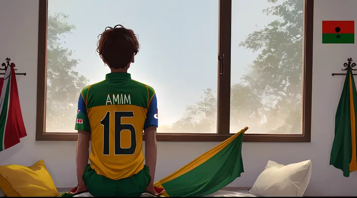 A bangladesh fan wearing bangladeshi cricket team shirt with name "ZIM"  jersey number "75".watching match    on tv.A bangladehirt and bangladeshi flag is hanging in wall.He is 14 years old.and he is sitting in a cream colour soffa.and this picture taken f...