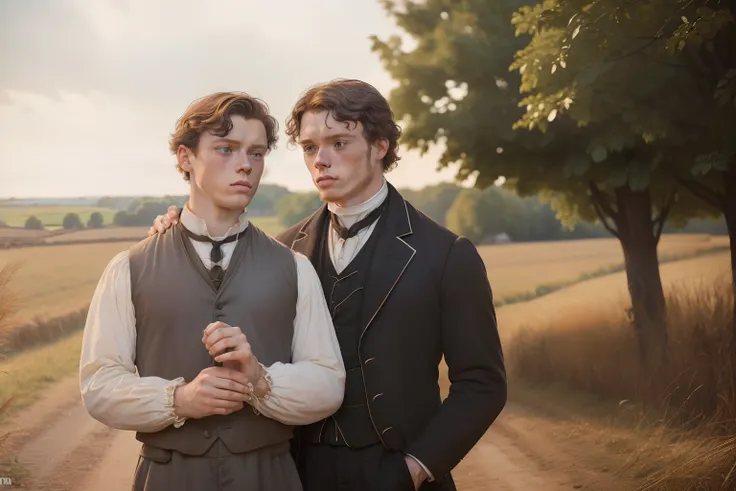 year: 1858. Location: Rock Island, Illinois. Pre-Raphaelite (((15-year-old George MacKay))), crying, heartbreak, (((40-year-old Richard Madden))), father and son, ((((rural Clothing from the 1850s)))) ((Hairstyle of the 1850s)), ((("OMITB" cinematography))...