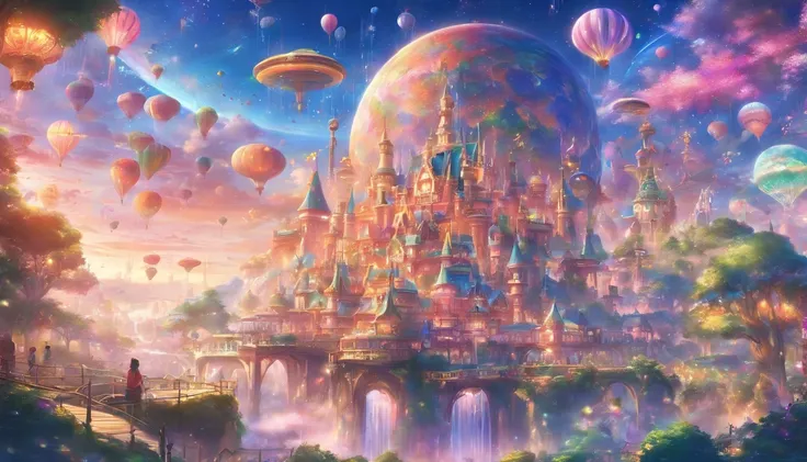 A clear sky、Clear air、View from the ground、Clean air、Vibrant colors、reddish、green grass、amarelo、pink there、Disneyland of the future、Interesting characters、Interesting design、Theme parks of the future、Amusement park of the future、floating in the universe、th...