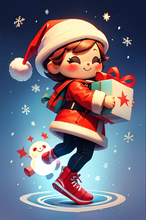 Santa Claus happily carrying presents、Santa is a pretty girl、Chibi Doll、Stars in the eyes（kirakira）、Eye Up、Laugh、Cute red shoes、foco nítido, Ultra Detail, radiant light、bio luminescent、snowscape、Its snowing、Snowboard Riding、Draw a large snowflake in the fo...