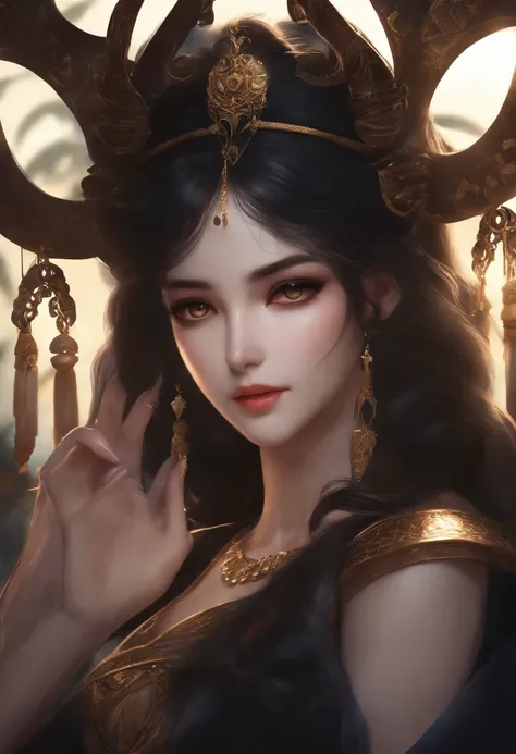 (best quality,highres,ultra-detailed,realistic:0.9),anime,girl,black hair,beautiful and gorgeous eyes,soft smile,stunning makeup,holding a pair of scales,evil goddess with a touch of darkness,balance of power,libra symbolism,anime-style artwork,striking bl...