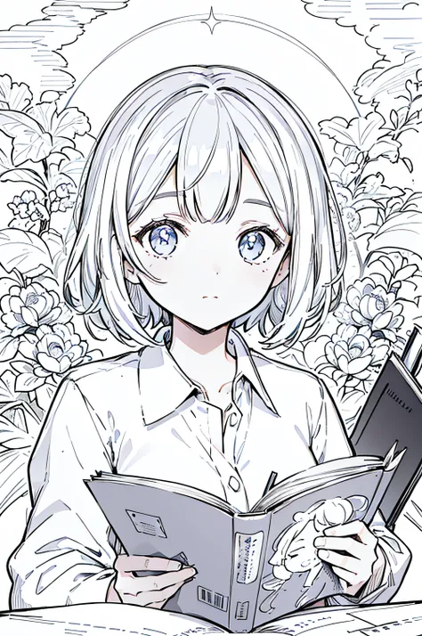 A girl,close up, wearing white shirt, reading a book, (best quality:1.3), (highres:1), (detailed:1.3), (incredible:1.3), (perfect:1.3), (perfection:1.3), (illustration:1.3), shes getting fun while reading it, dynamic on scene