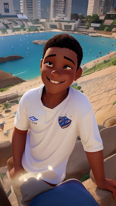 quero um desenho de um menino de 11 anos sorrindo, de cabelos preto pequeno, olhos castanhos e pele morena