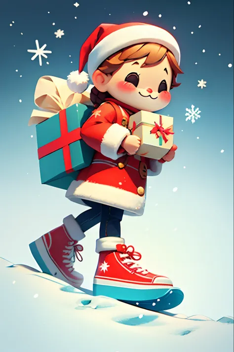 Santa Claus happily carrying presents、Santa is a pretty girl、Chibi Doll、Stars in the eyes（kirakira）、Eye Up、Laugh、Cute red shoes、foco nítido, Ultra Detail, radiant light、bio luminescent、snowscape、Its snowing、Snowboard Riding、Draw a large snowflake in the fo...