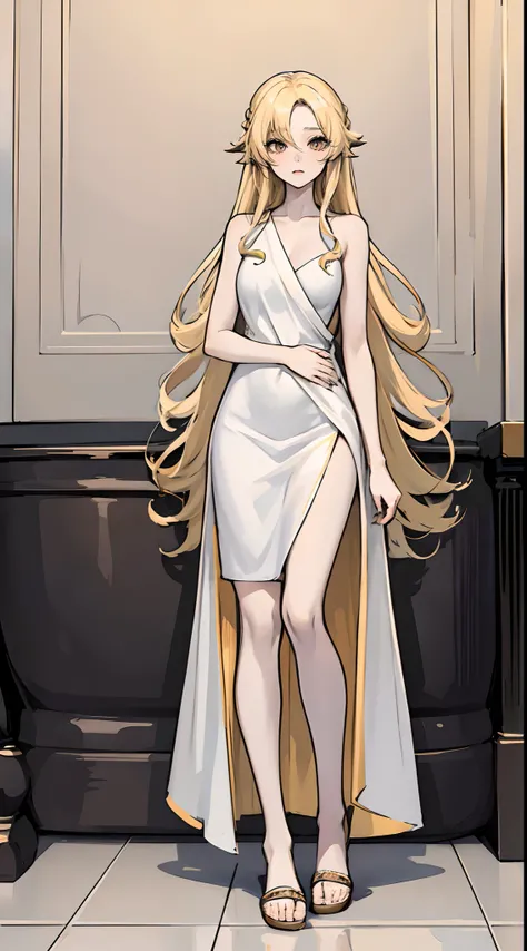 Long pale yellow hair，Divide hair in the middle，curlies，Forehead exposed，a beauti，Wrap in a bath towel，，Stand head-on，slippers，greybackground，solid color backdrop