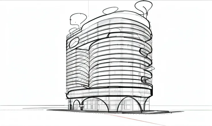 sketches of a building with a lot of windows and a red line, rounded architecture, concept drawing, architectural concept, concept sketch, architectural concepts, concept illustration, architectural illustration, stylized linework, inspired by Zha Shibiao,...