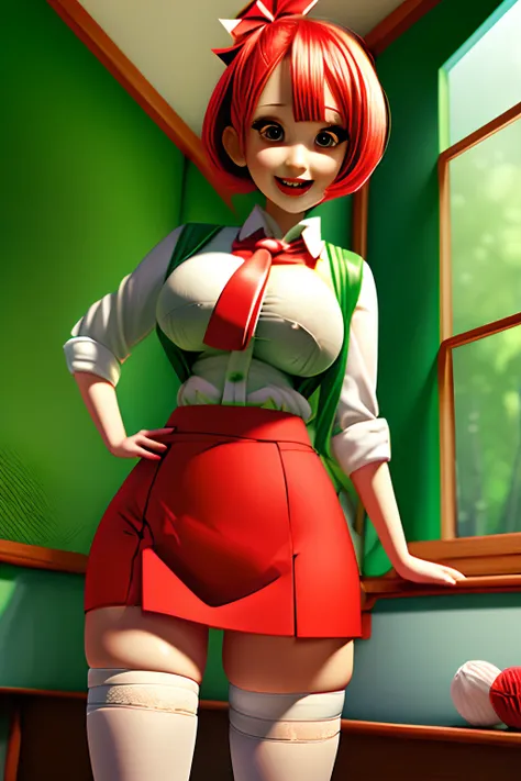 masutepiece, bimbo in the forest, white shirt, green skirt ,Red tie, Red Hair Ribbon, White stockings, 8K, Green hair, giga_busty