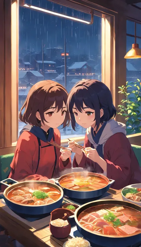 Two girls eating hot pot，Red pot，Hot pot restaurants are crowded，It was snowing outside the window