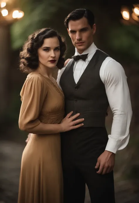 A real image of a couple in the 1920s. The man is very handsome, 30 years old, with short, black hair, strong and muscular, and fair skin. The woman is very beautiful, 18 years old, dressed in modest 1920s clothing with long sleeves, and has very long, cur...